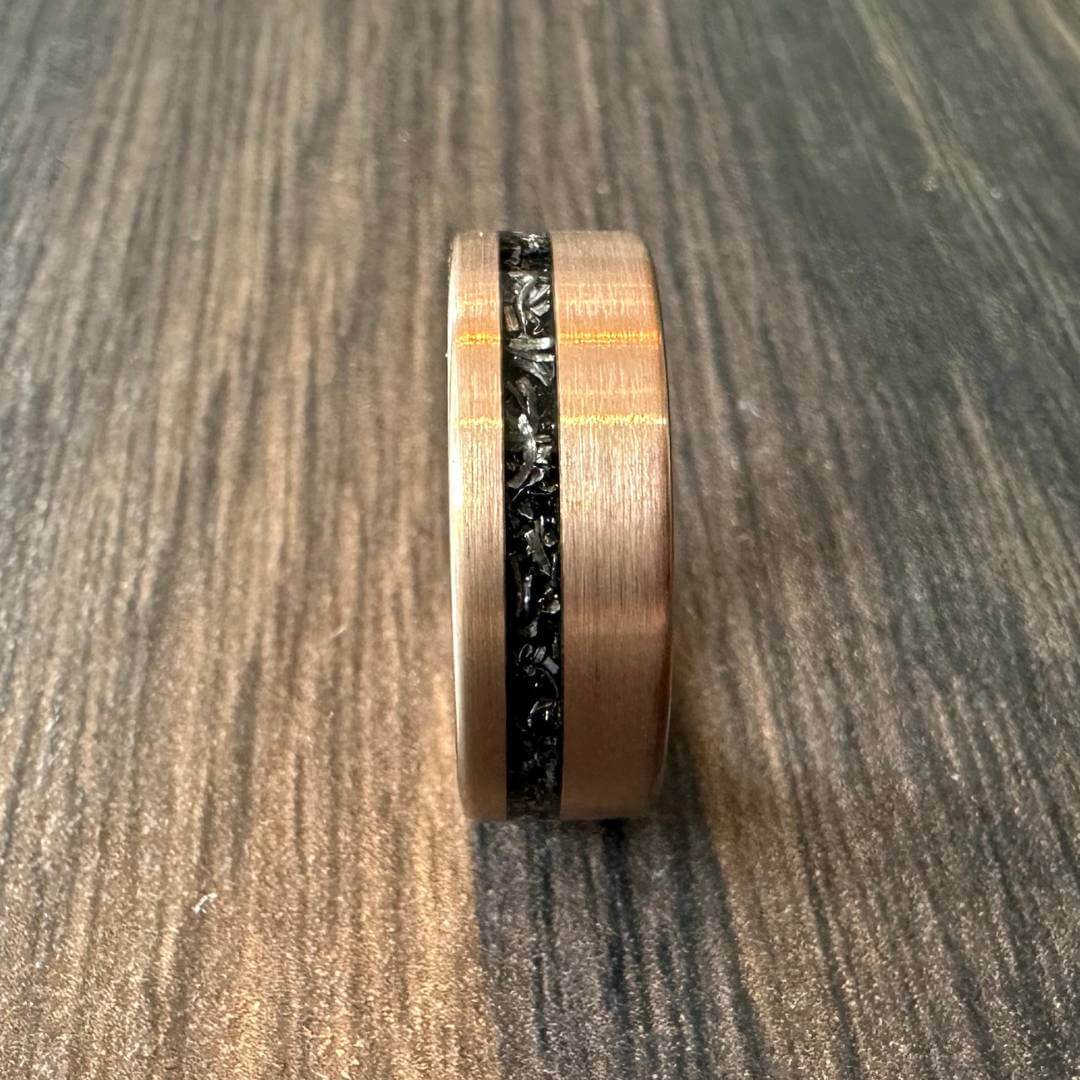 NEW The Eclipse – Rose Gold Smooth Tungsten Ring With Crushed Meteorite Inlay