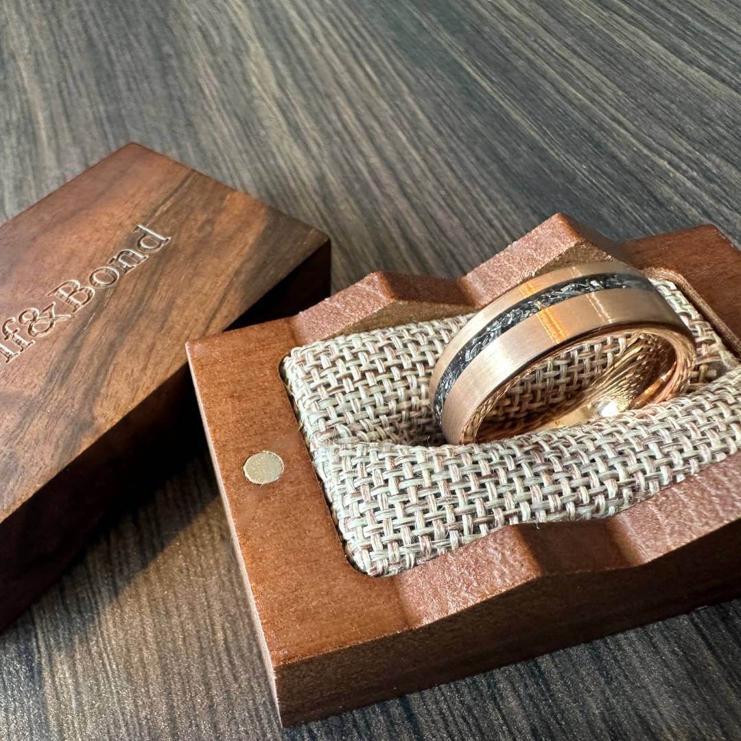 The Eclipse – Rose Gold Smooth Tungsten Ring With Crushed Meteorite Inlay