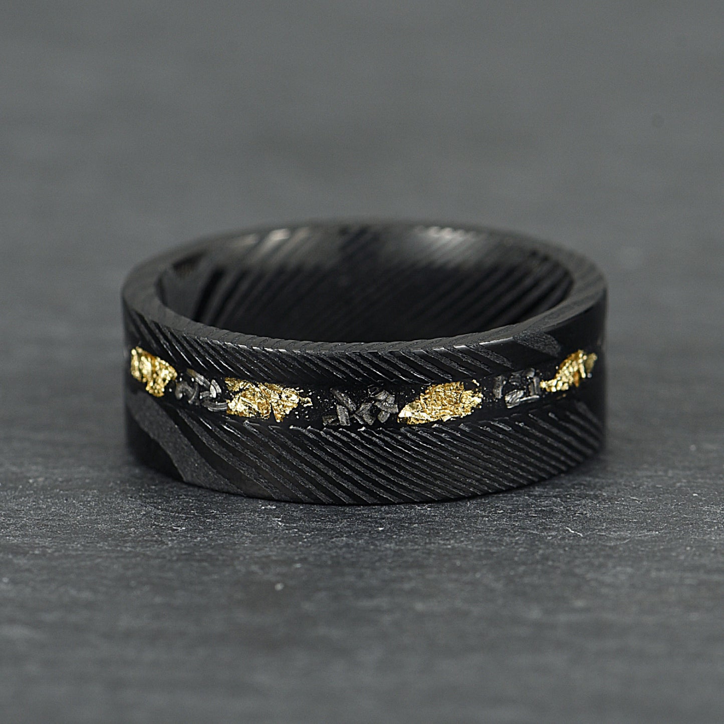 The Sol - Black Damascus Steel Ring With Crushed Meteorite & Gold Foil (8mm)