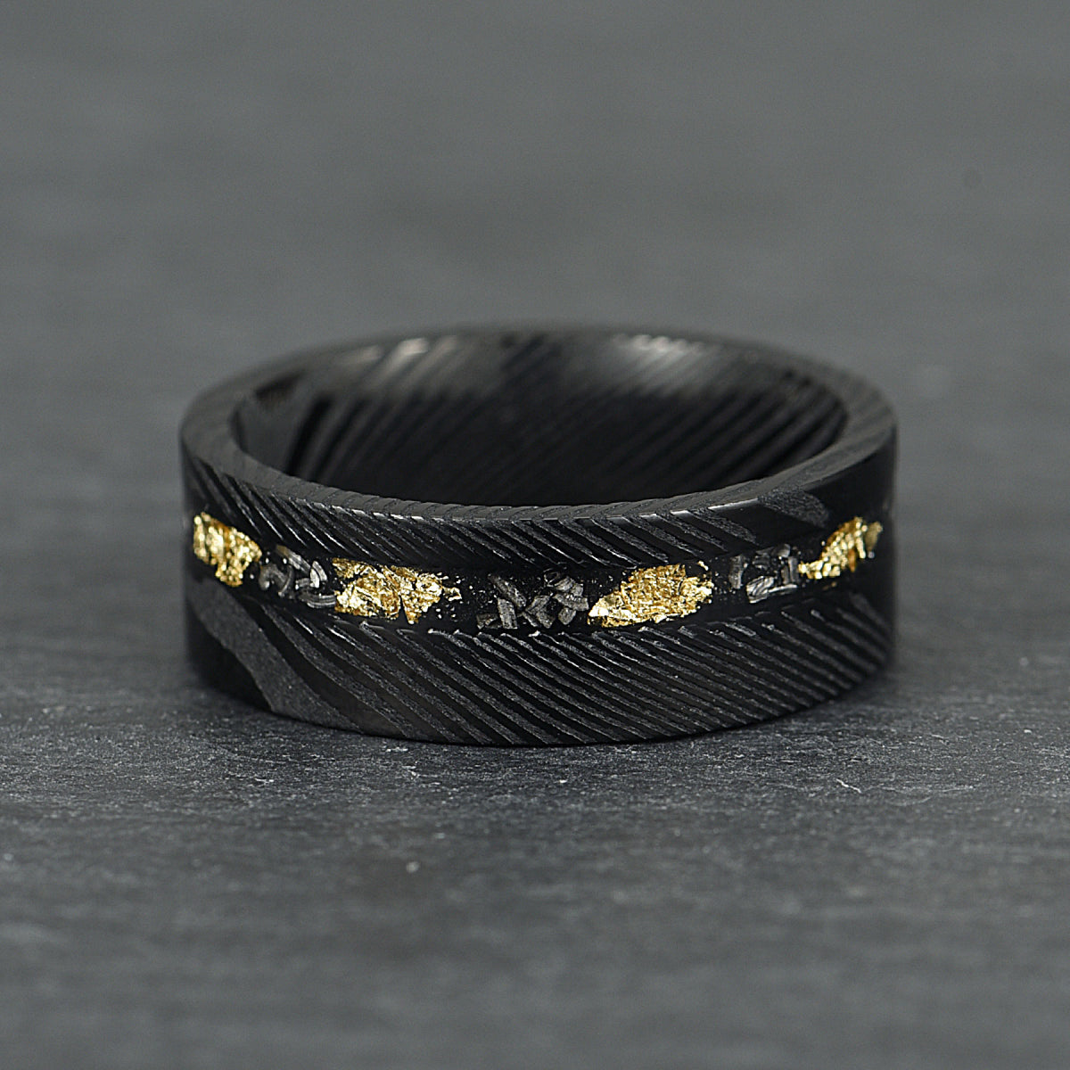 The Sol - Black Damascus Steel Ring With Crushed Meteorite & Gold Foil (4mm, 6mm, 8mm)