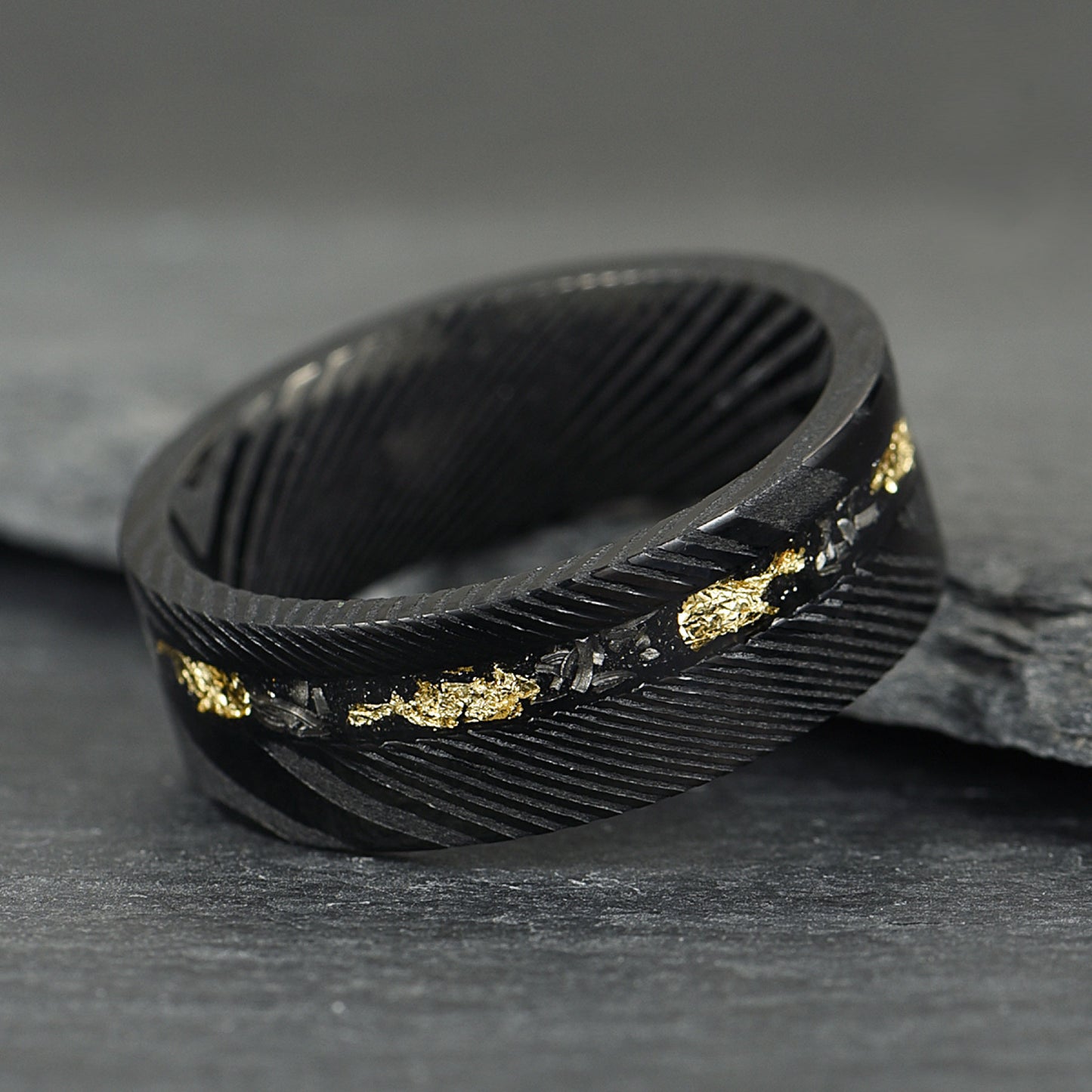 The Sol - Black Damascus Steel Ring With Crushed Meteorite & Gold Foil (8mm)