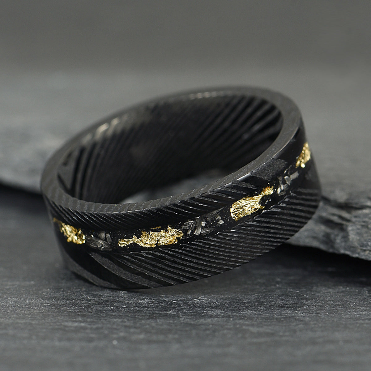 The Sol - Black Damascus Steel Ring With Crushed Meteorite & Gold Foil (4mm, 6mm, 8mm)