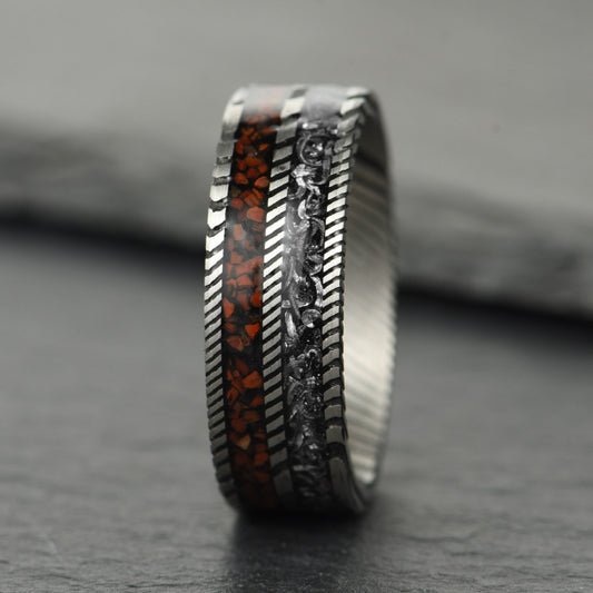 The Vestige - Silver Damascus Steel Ring With Crushed Meteorite & Dinosaur Bone (8mm)