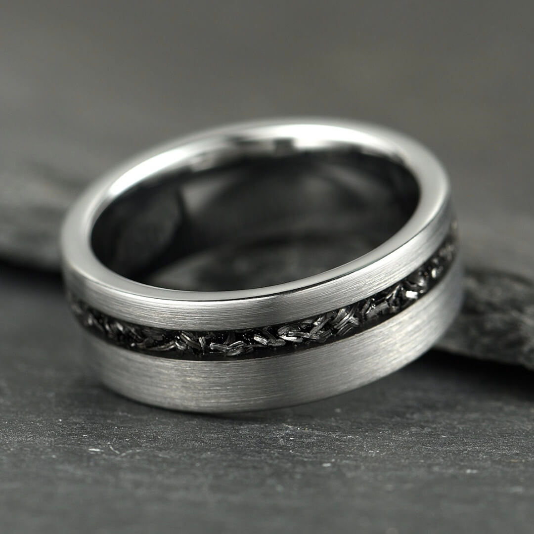 The Eclipse – Smooth Silver Tungsten With Crushed Meteorite Inlay