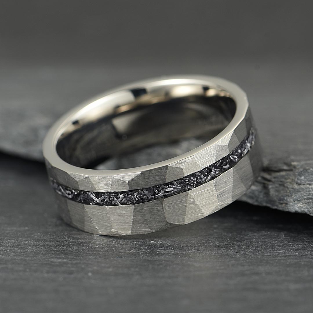 The Astra – Silver Hammered Tungsten Ring With Crushed Meteorite (4mm, 6mm, 8mm)