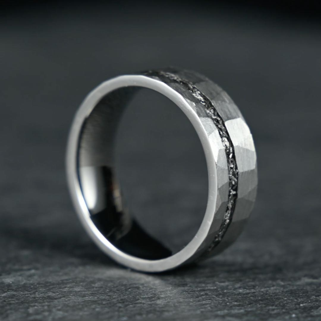 The Astra – Silver Hammered Titanium Ring With Crushed Meteorite (6mm, 8mm)