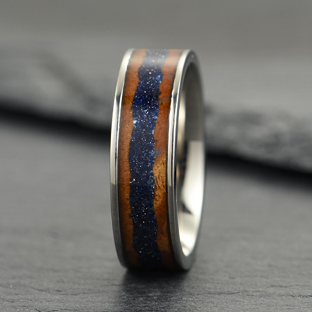 The Strata - Silver Titanium Ring With Sandstone & Wood (8mm)