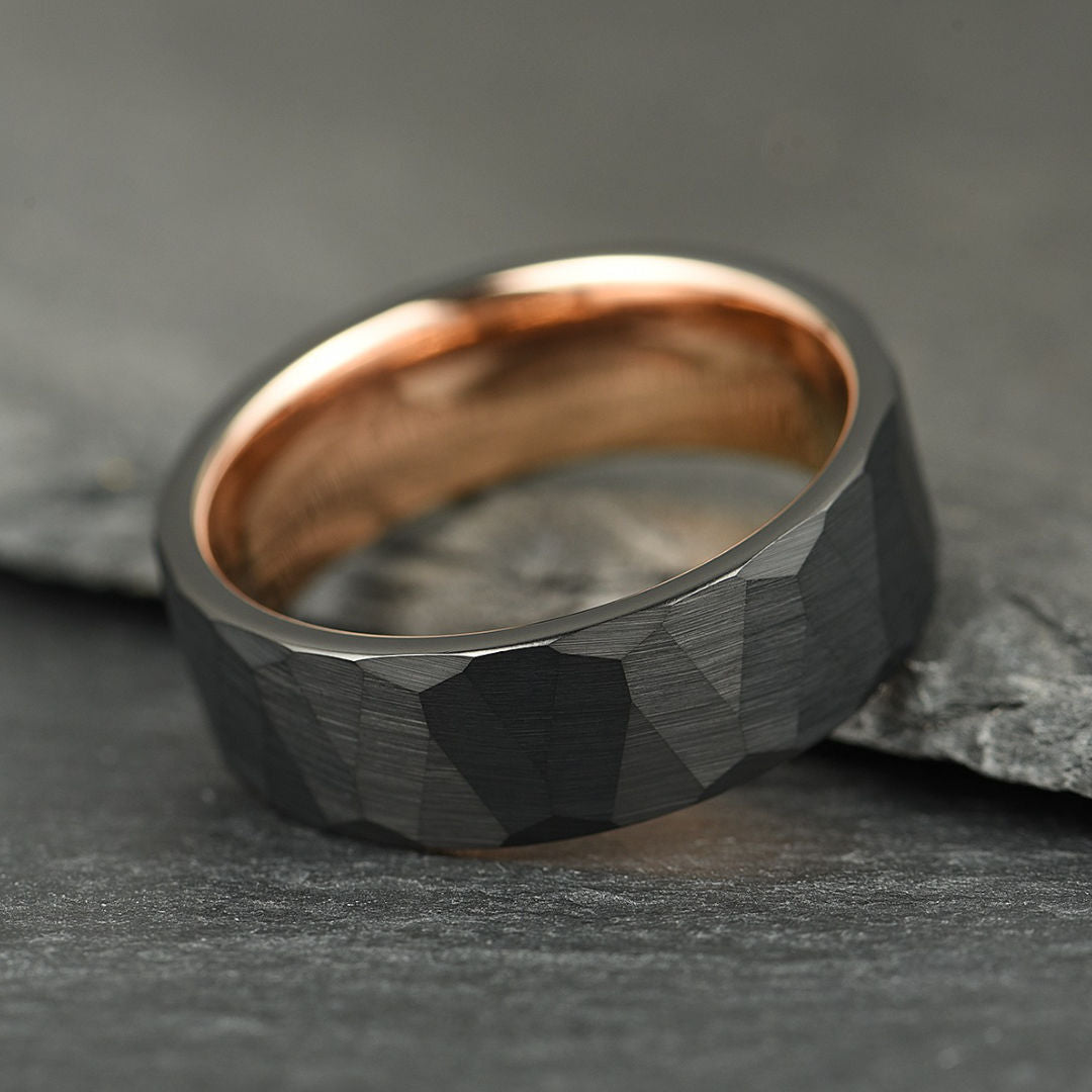 The Crucible - Hammered Black & Rose Gold Tungsten Ring (8mm)