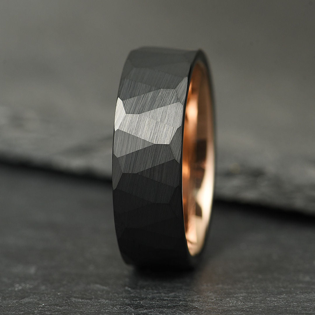 The Crucible - Hammered Black & Rose Gold Tungsten Ring