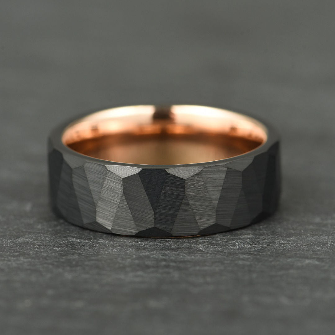 The Crucible - Hammered Black & Rose Gold Tungsten Ring