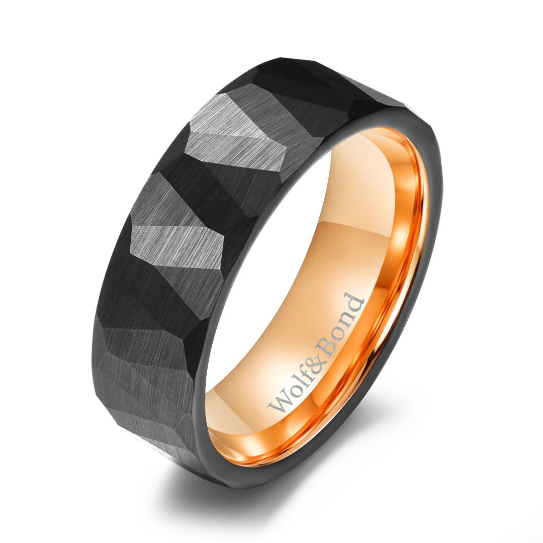 The Crucible - Hammered Black & Rose Gold Tungsten Ring