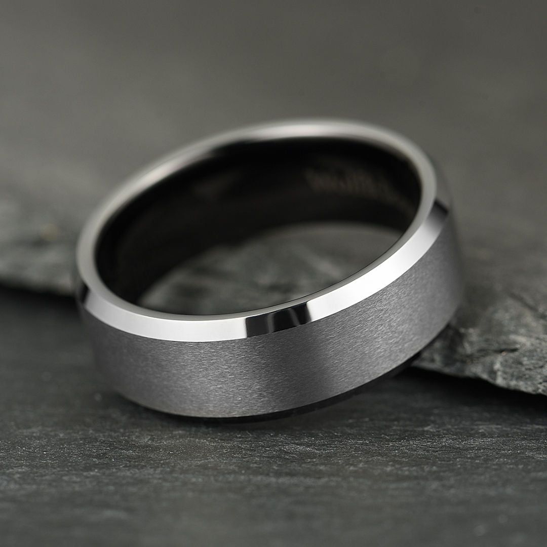 The Apex - Brushed Silver & Black Tungsten Ring