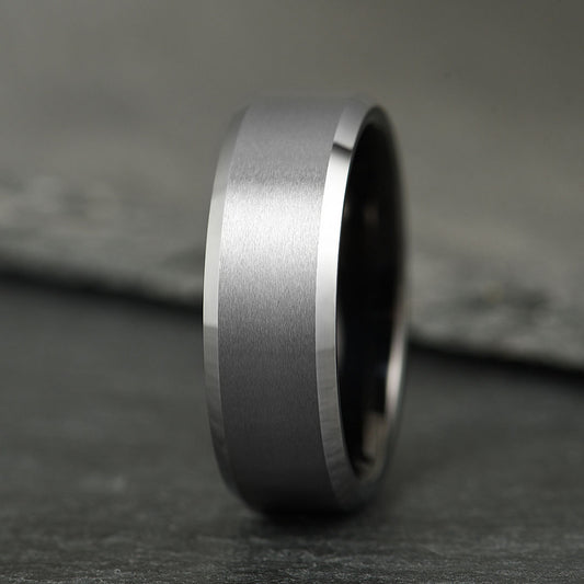 The Apex - Brushed Silver & Black Tungsten Ring (8mm)