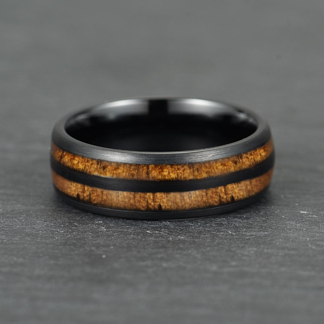The Cask – Black Tungsten Ring With Walnut Wood Veneer