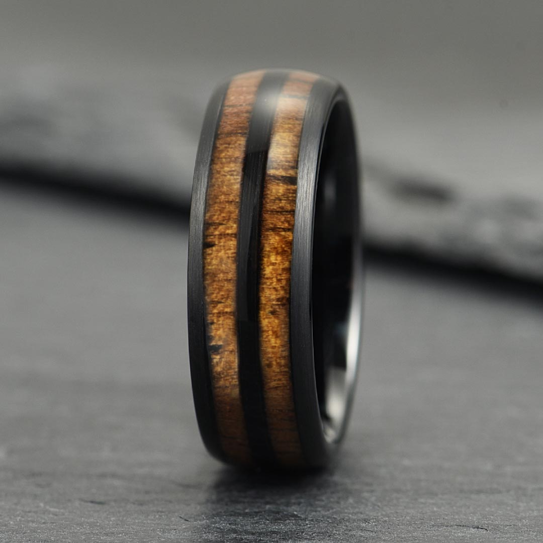 The Cask – Black Tungsten Ring With Walnut Wood Veneer