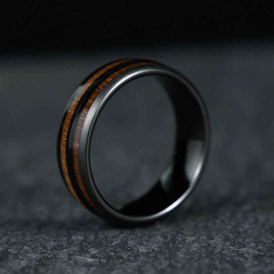 The Cask – Black Tungsten Ring With Walnut Wood Veneer