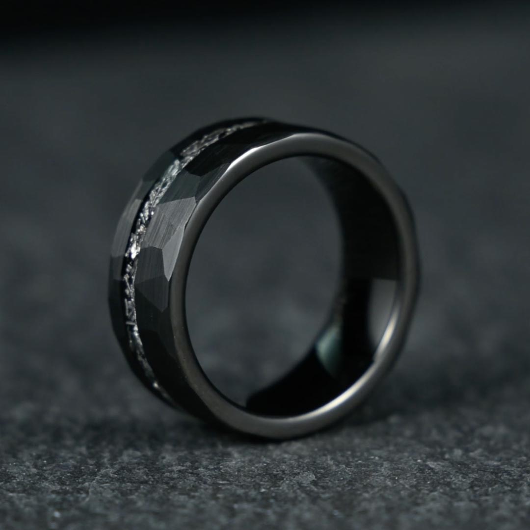 The Nebula – Black Hammered Tungsten Ring With Crushed Meteorite Inlay (8mm)