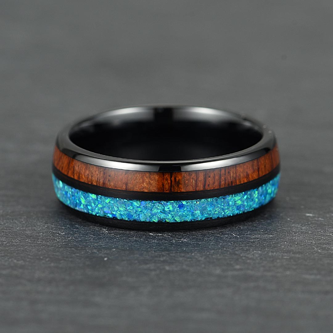 The Cove – Black Tungsten Ring With KOA Wood & Crushed Opal (8mm)