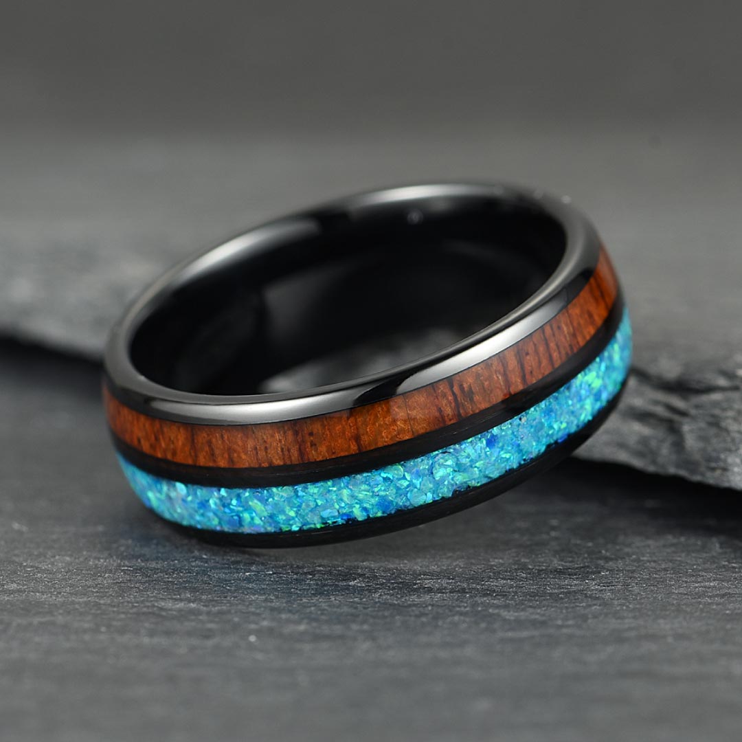 The Cove – Black Tungsten Ring With KOA Wood & Crushed Opal (8mm)