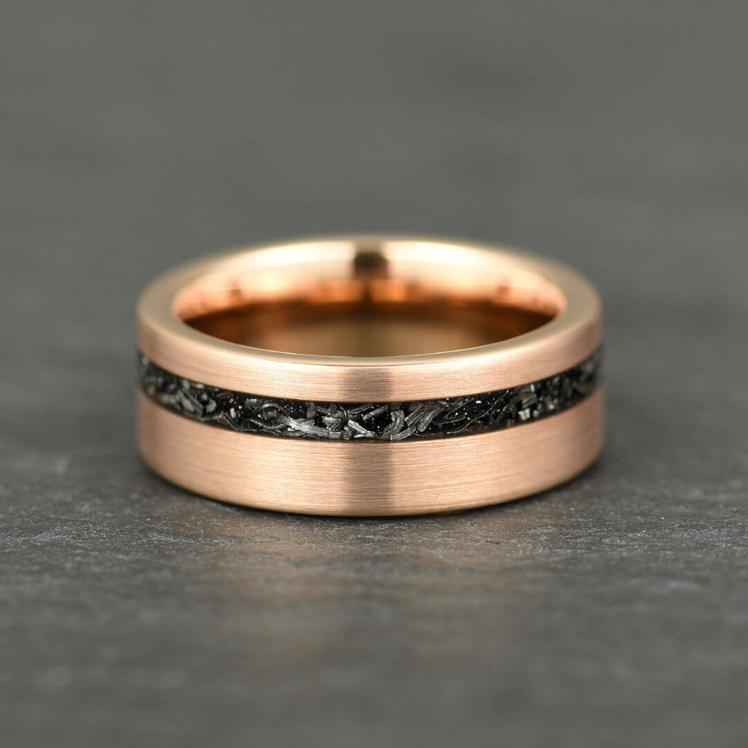 The Eclipse – Rose Gold Smooth Tungsten Ring With Crushed Meteorite Inlay