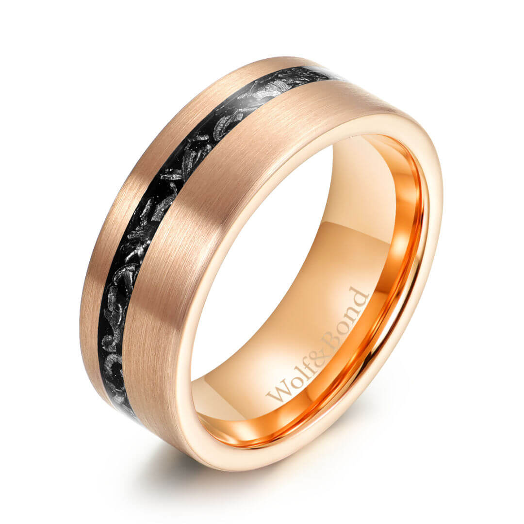 The Eclipse – Rose Gold Smooth Tungsten Ring With Crushed Meteorite Inlay