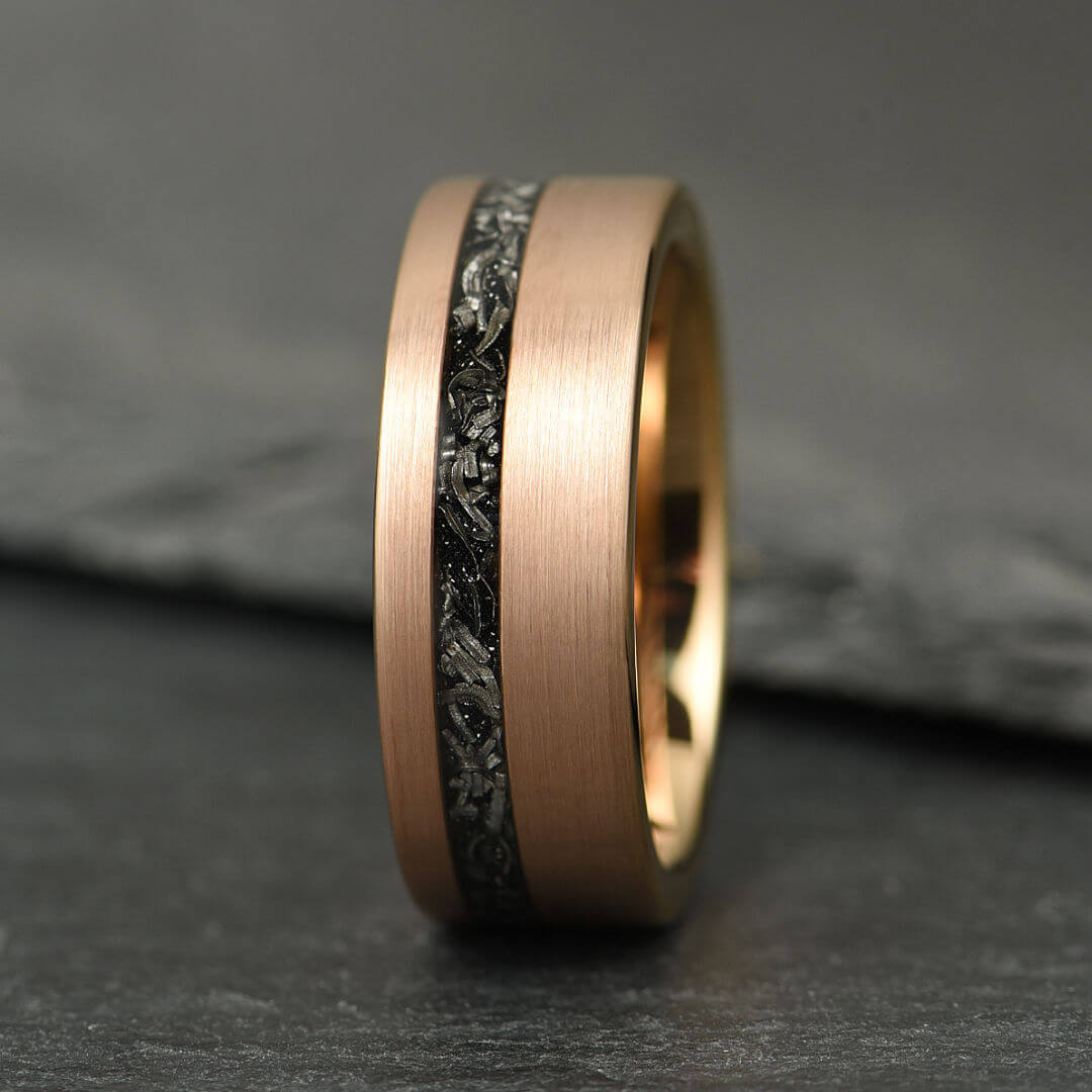 The Eclipse – Rose Gold Smooth Tungsten Ring With Crushed Meteorite Inlay