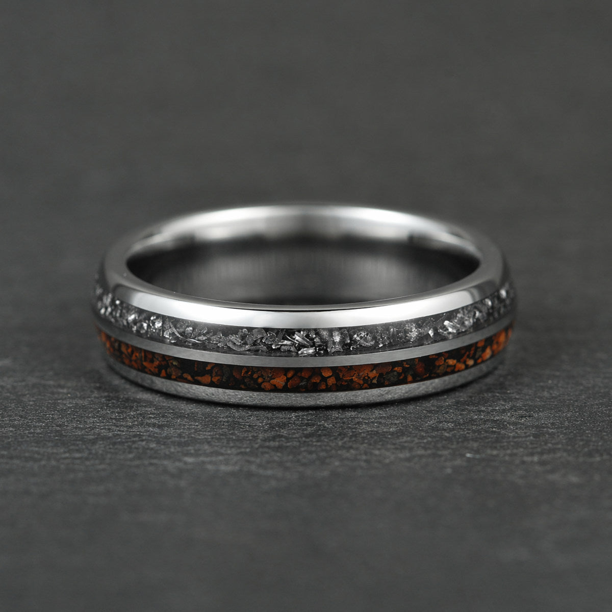 The Relic - Silver Tungsten Ring With Crushed Meteorite & Dinosaur Bone (6mm, 8mm)