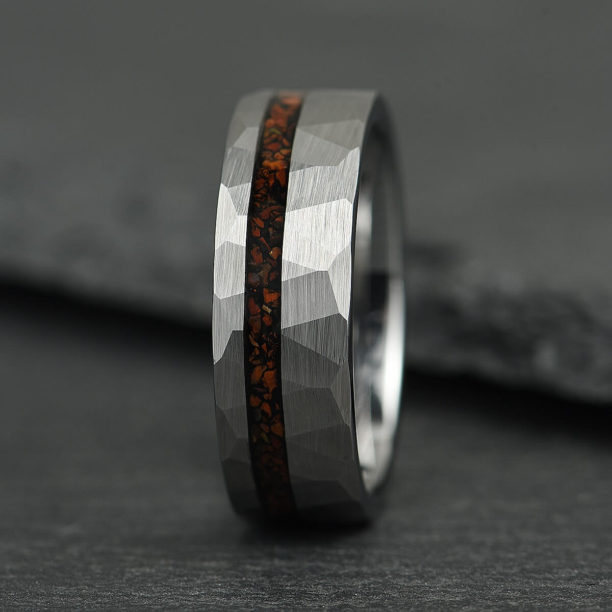 The Tyra – Silver Hammered Tungsten Ring With Crushed Dinosaur Bone (6mm, 8mm)