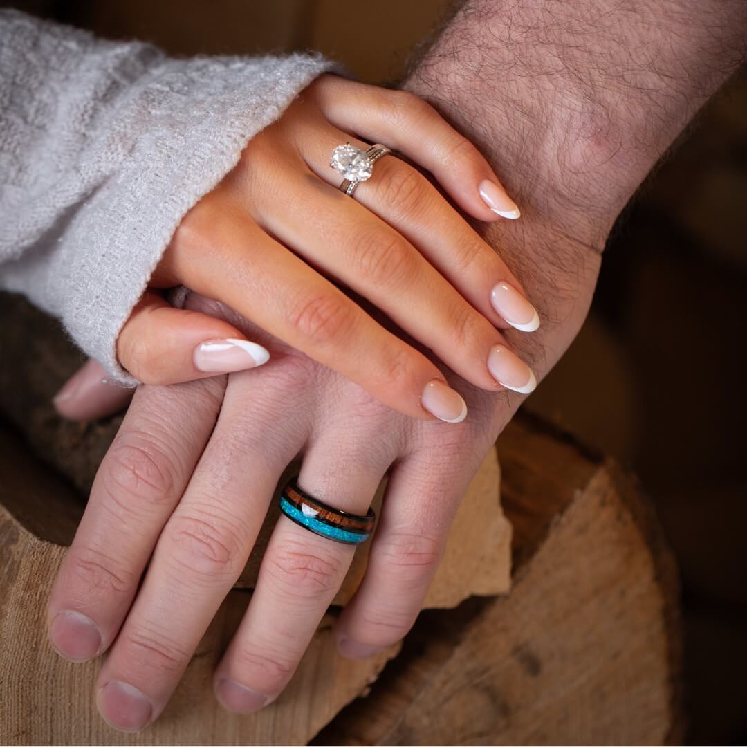 The Cove – Black Tungsten Ring With KOA Wood & Crushed Opal (8mm)