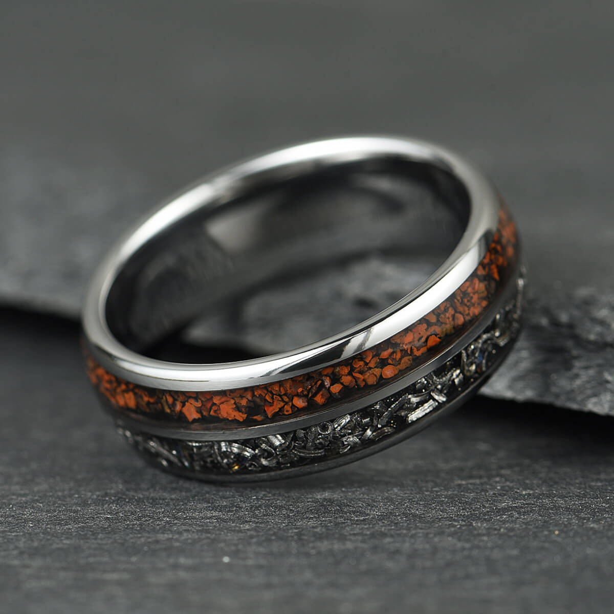 The Relic - Silver Tungsten Ring With Crushed Meteorite & Dinosaur Bone (6mm, 8mm)