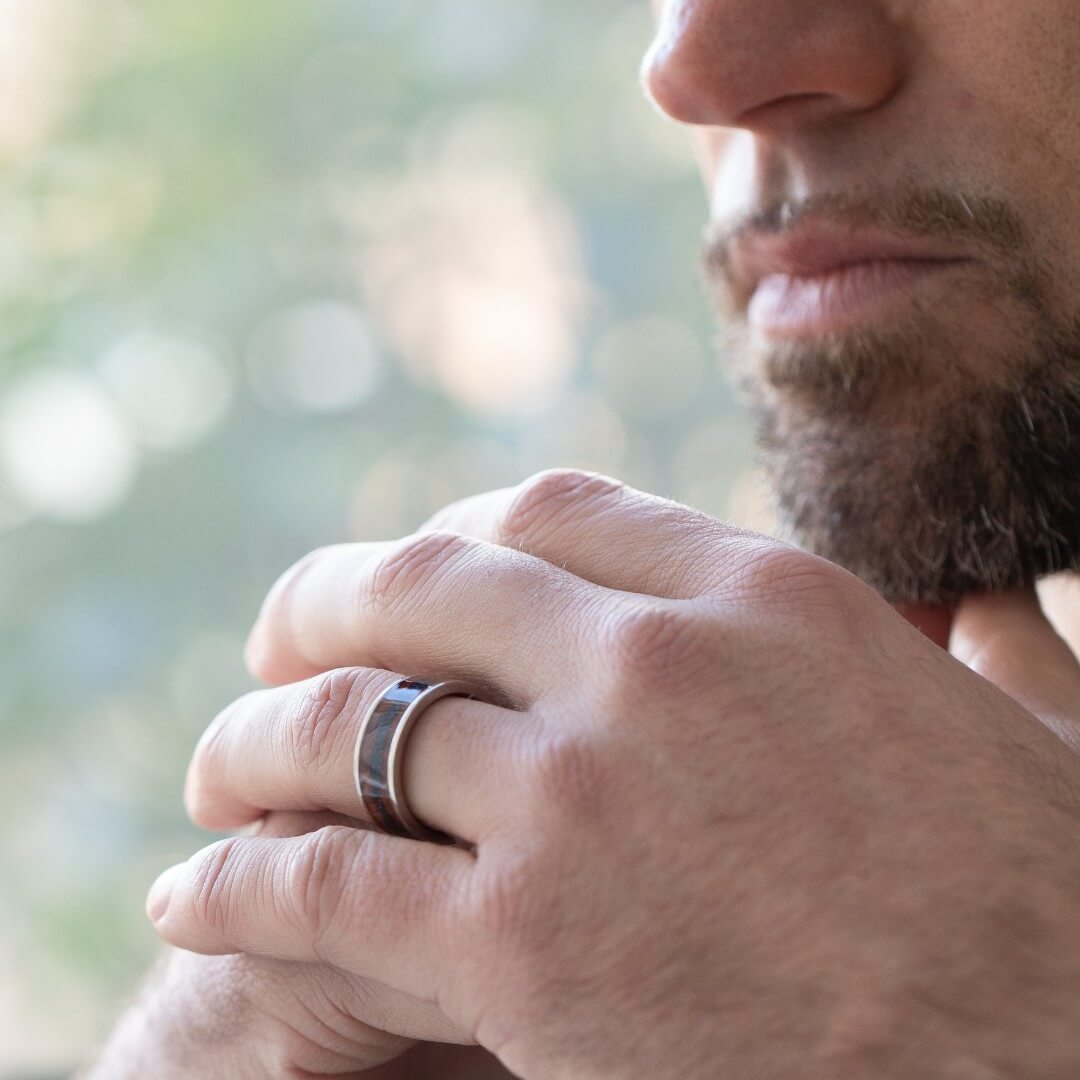 The Strata - Silver Titanium Ring With Sandstone & Wood (8mm)