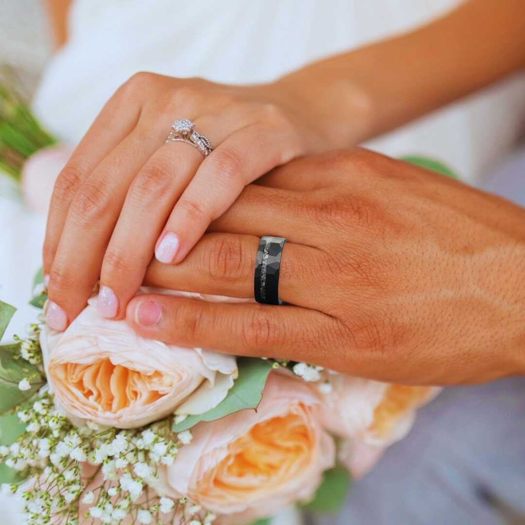 Men’s Tungsten Wedding Ring - Black Hammered & Brushed With Crushed Meteorite Inlay - 8mm