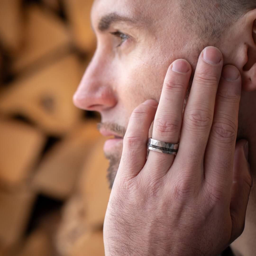 The Astra – Silver Hammered Titanium Ring With Crushed Meteorite (6mm, 8mm)