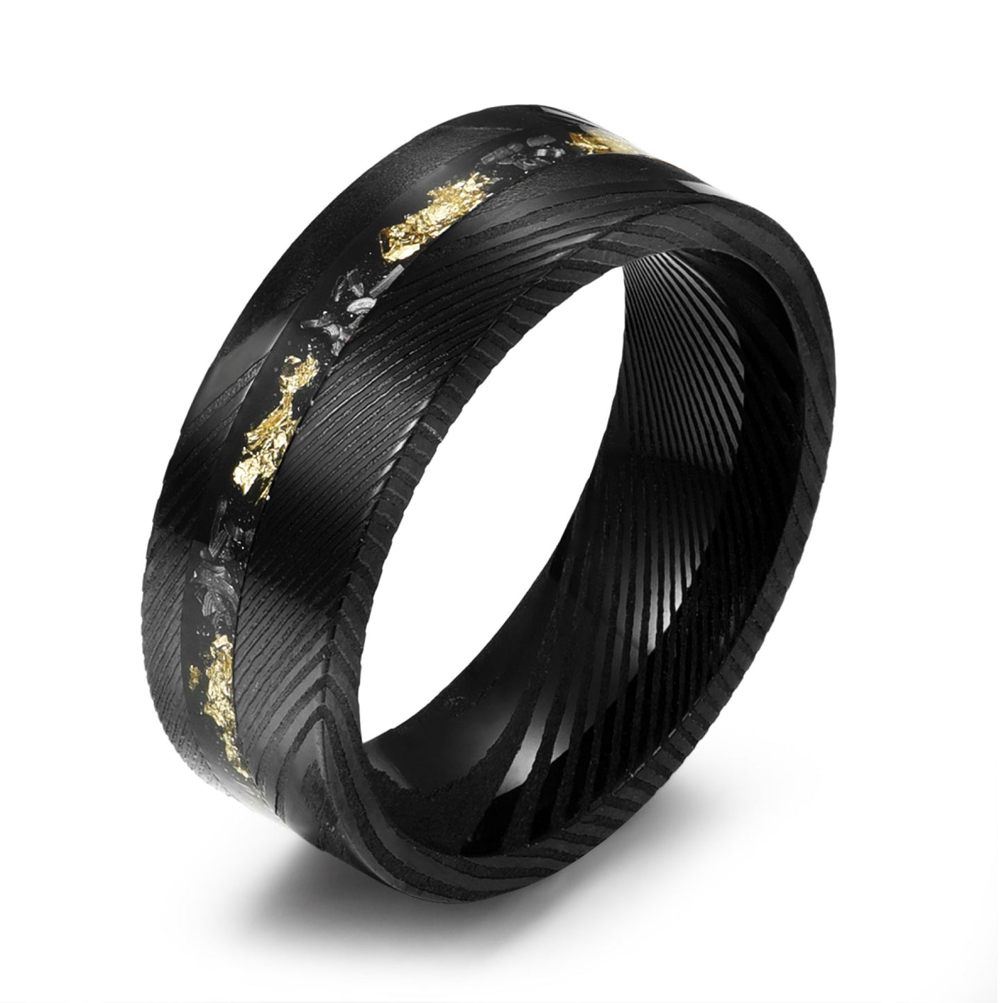 Men’s Damascus Wedding Ring - Crushed Meteorite & Gold Foil - 8mm