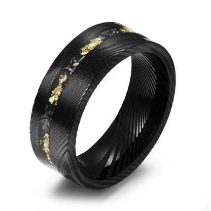 The Sol - Black Damascus Steel Ring With Crushed Meteorite & Gold Foil (8mm)