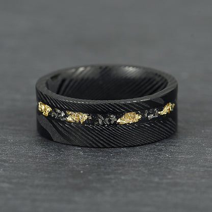 The Sol - Black Damascus Steel Ring With Crushed Meteorite & Gold Foil (8mm)