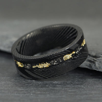 The Sol - Black Damascus Steel Ring With Crushed Meteorite & Gold Foil (8mm)