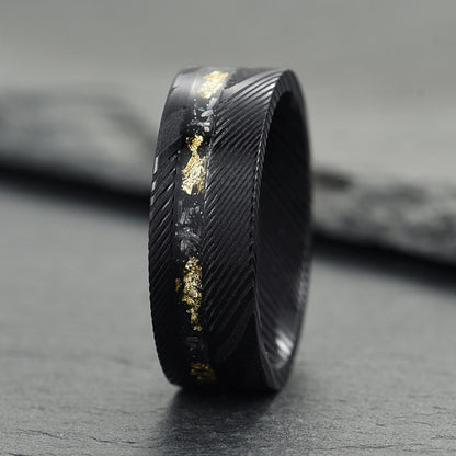 The Sol - Black Damascus Steel Ring With Crushed Meteorite & Gold Foil (8mm)
