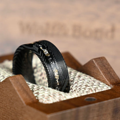 The Sol - Black Damascus Steel Ring With Crushed Meteorite & Gold Foil (8mm)
