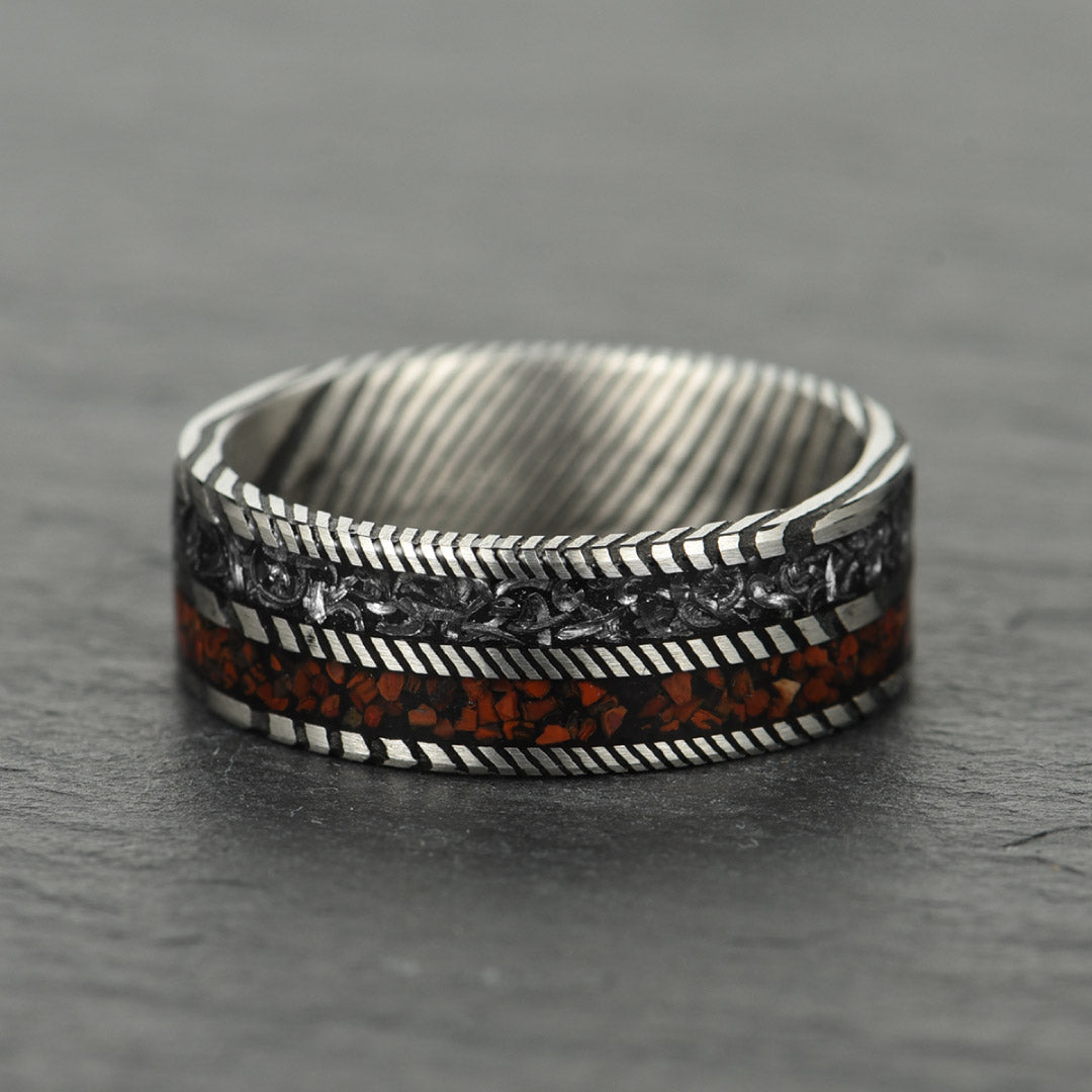 Men’s Damascus Wedding Ring - Silver With Crushed Meteorite & Dinosaur Bone Inlay - 8mm