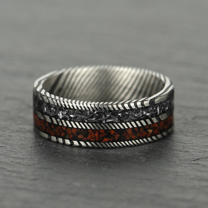 The Vestige - Silver Damascus Steel Ring With Crushed Meteorite & Dinosaur Bone (8mm)