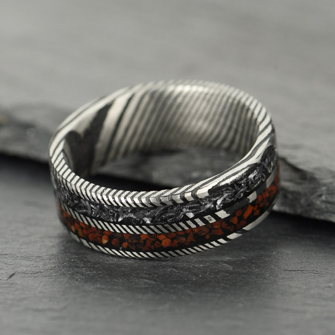 Men’s Damascus Wedding Ring - Silver With Crushed Meteorite & Dinosaur Bone Inlay - 8mm