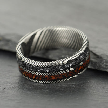 The Vestige - Silver Damascus Steel Ring With Crushed Meteorite & Dinosaur Bone (8mm)