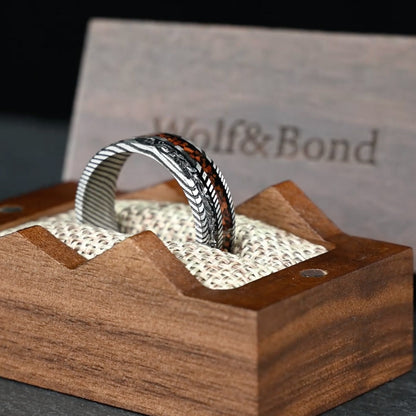 The Vestige - Silver Damascus Steel Ring With Crushed Meteorite & Dinosaur Bone (8mm)