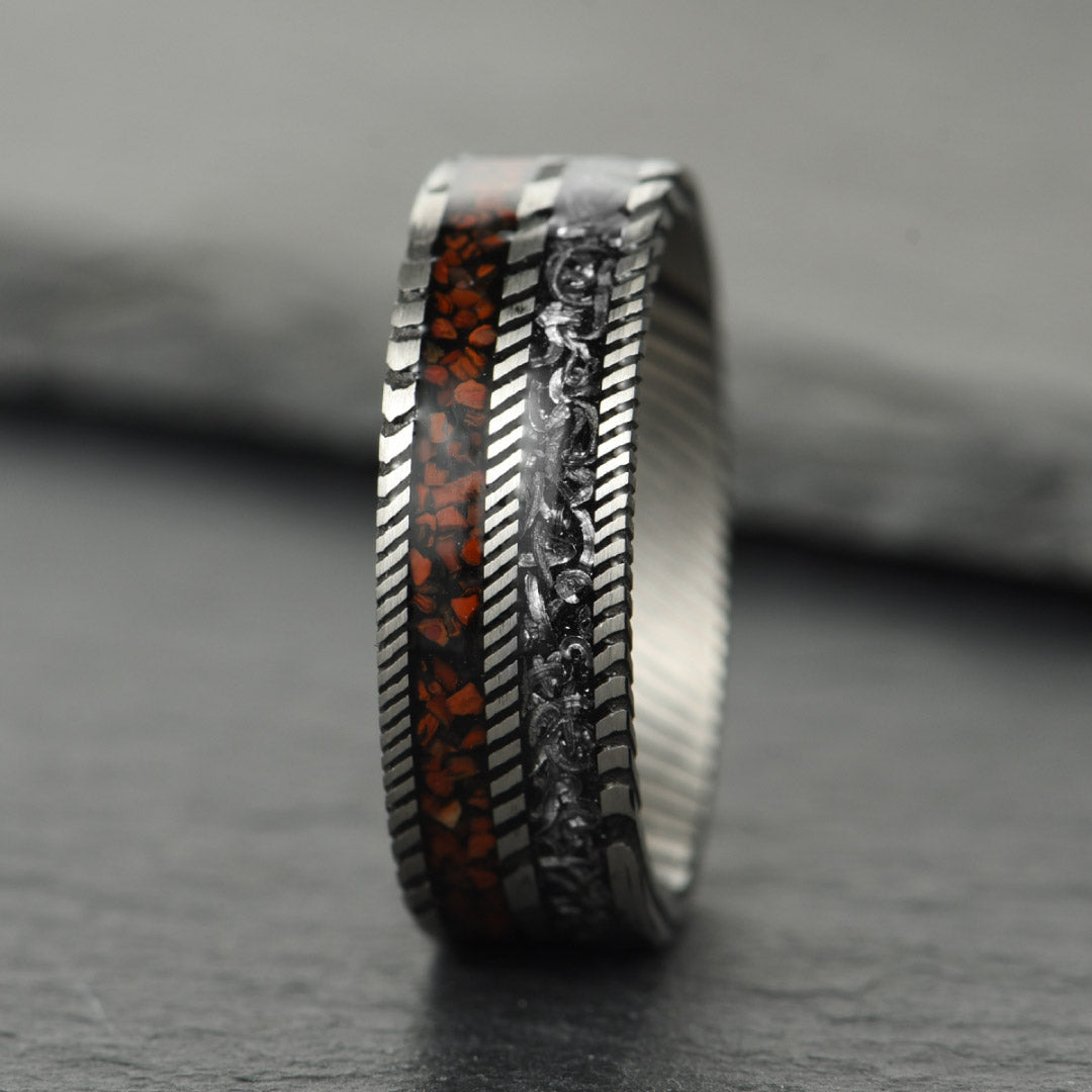 Men’s Damascus Wedding Ring - Silver With Crushed Meteorite & Dinosaur Bone Inlay - 8mm