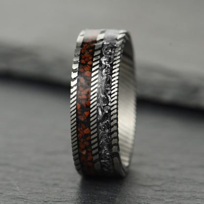 The Vestige - Silver Damascus Steel Ring With Crushed Meteorite & Dinosaur Bone (8mm)