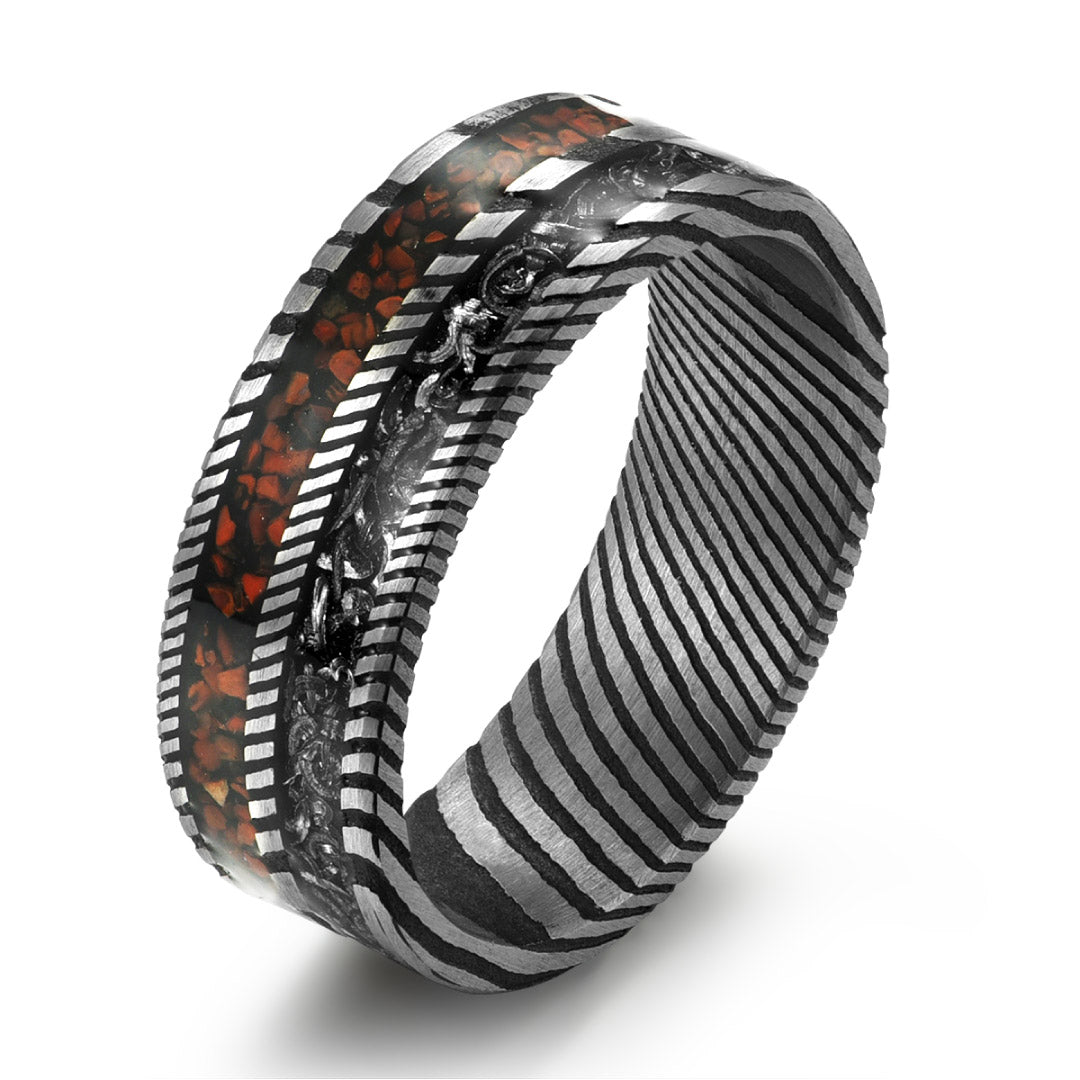 Men’s Damascus Wedding Ring - Silver With Crushed Meteorite & Dinosaur Bone Inlay - 8mm