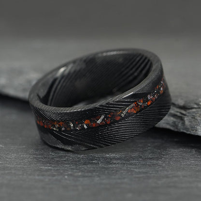 The Origin - Black Damascus Steel Ring With Crushed Meteorite & Dinosaur Bone (8mm)