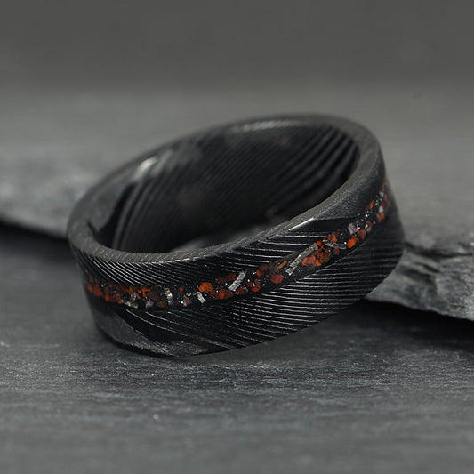 Men’s Damascus Wedding Ring - Black & Red With Crushed Meteorite & Dinosaur Bone Inlay - 8mm