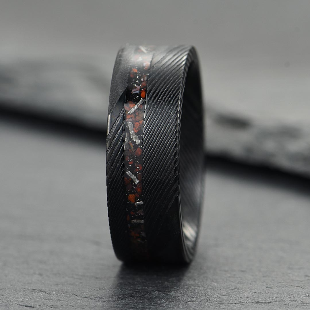 Men’s Damascus Wedding Ring - Black & Red With Crushed Meteorite & Dinosaur Bone Inlay - 8mm